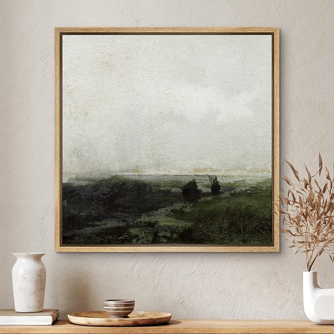 SIGNWIN Framed Canvas Print Wall Art Minimalist Stormy Beach Fisherman Horizon Nature Wilderness Illustrations Fine Art Farmhouse/Country Minimal for Living Room, Bedroom, Office - 16"x16" Natural
