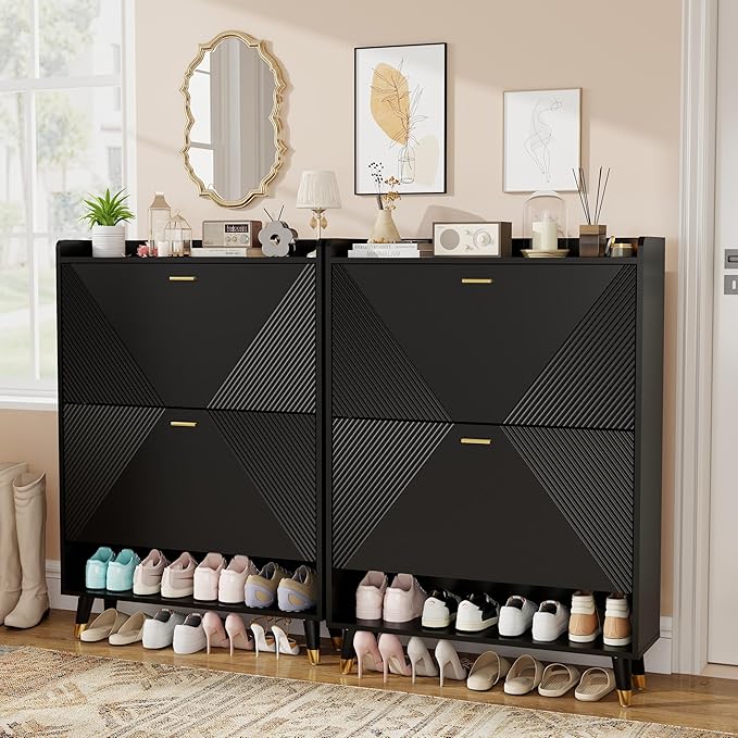 Shoe Cabinet Storage for Entryway: 65" Black Narrow Shoe Organizer Cabinet with 4 Flip Drawers, Modern Hidden Shoes Rack for Front Door Entrance (Black, 4 Drawers)