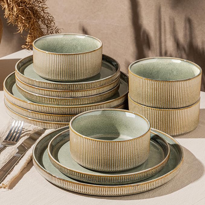 GBHOME 12-Piece Stoneware Dinnerware Set for 4 – Ribbed Ceramic Plates and Bowls, Scratch-Resistant, Microwave & Dishwasher Safe, Reactive Glaze, Desert Sage