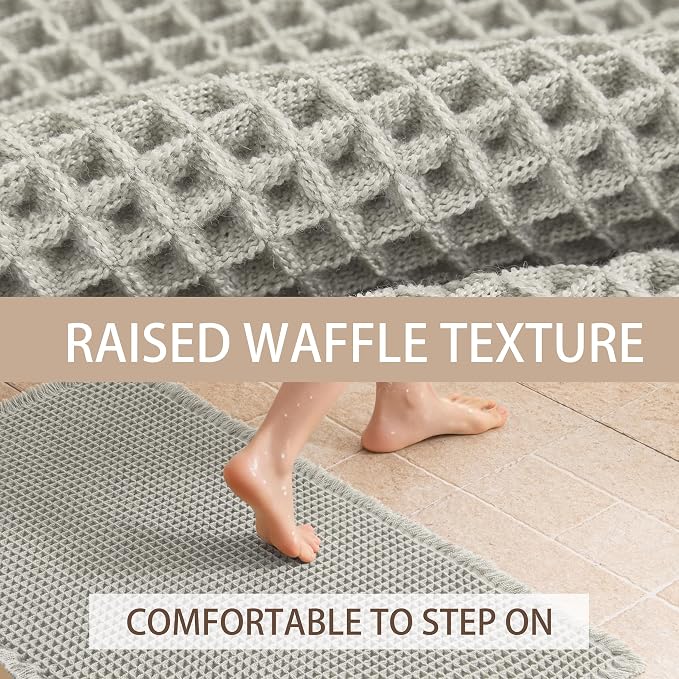 Waffle Runner Rug Non Slip, Boho Bath Mat, Super Absorbent Quick Dry Long Bath Runner Bathroom, Soft Farmhouse Bath Rug with Tassels, Washable Shower Mats for Floor 24"x72", Square Light Grey