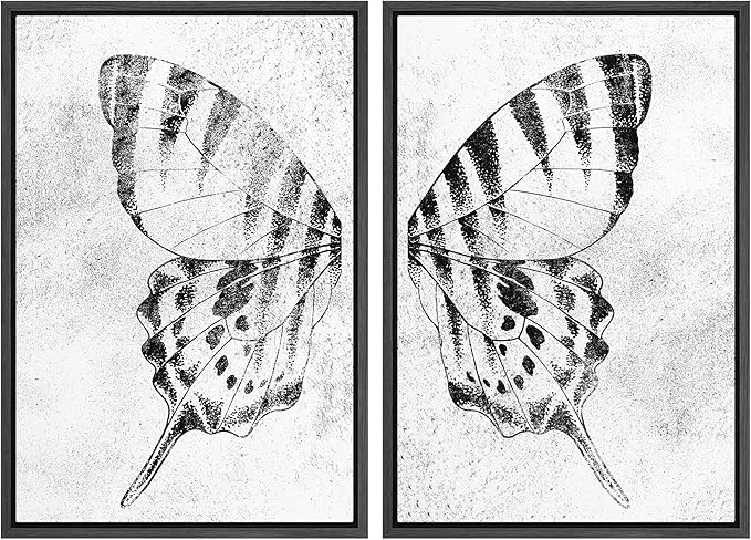 SIGNWIN Framed Canvas Print Wall Art Set Black & White Monarch Butterfly Wing Insect Nature Wilderness Illustrations Modern Art Rustic Relax/Calm for Living Room, Bedroom, Office - 16"x24"x2 Black