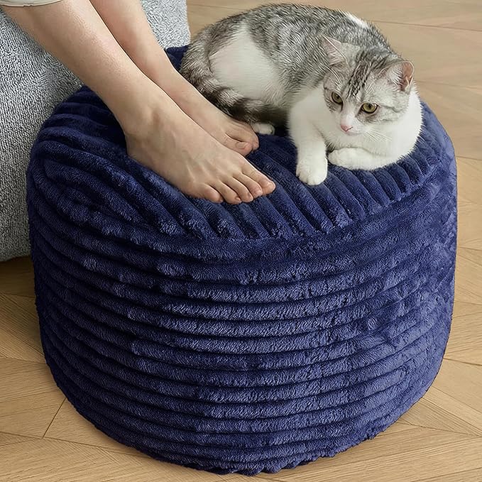 SHOUREN Stuffed Round Pouf Ottoman, Lightweight and Fluffy Poufs Storage Ottoman for Living Room,Corduroy Foot Rest with Shredded Foam Filling,Soft Floor Pouf for Couch,20"x15", Navy