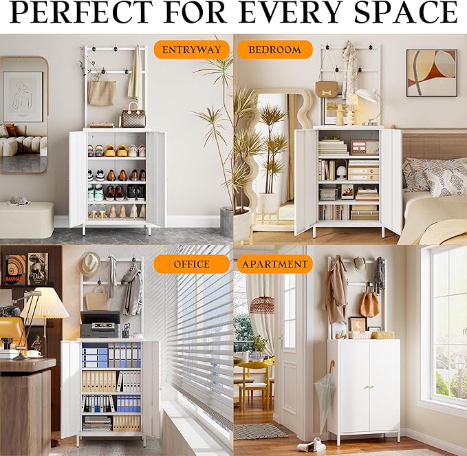 Hall Tree, 72” Shoe Cabinet with Rack, 2-Door Metal Shoe Organizer with 3 Adjustable Shelves & 5 Hooks, Farmhouse Hallway Cabinet for Shoes, Hats, and Keys, White