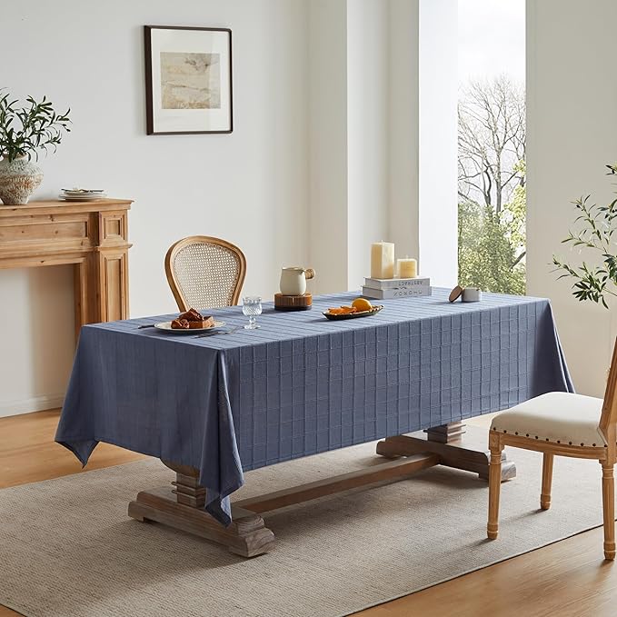 ZeeMart Linen Checked Table Cloth 52x52 Inches, Farmhouse Style Plaid Embroidered Water Resistant Square Table Cover, Blue