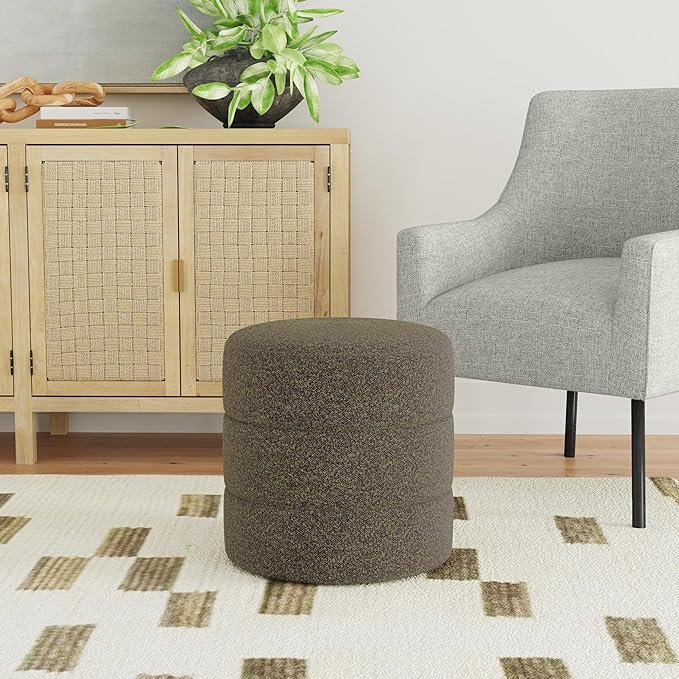 HomePop Upholstered Round Ottoman (No Lid, Seat Only) | HomePop Home Décor | Round Pouf Foot Rest – Dark Brown Boucle
