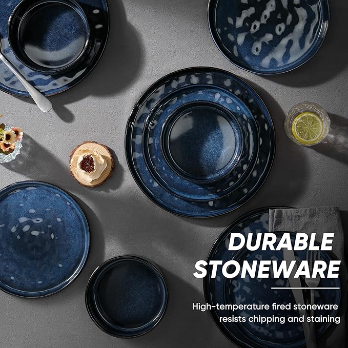 E-far 16-Piece Plates and Bowls Sets with Pasta Bowls - Stoneware Dinnerware Set for 4, Modern Ribbed Dishes, Microwave & Dishwasher Safe, Starry Blue