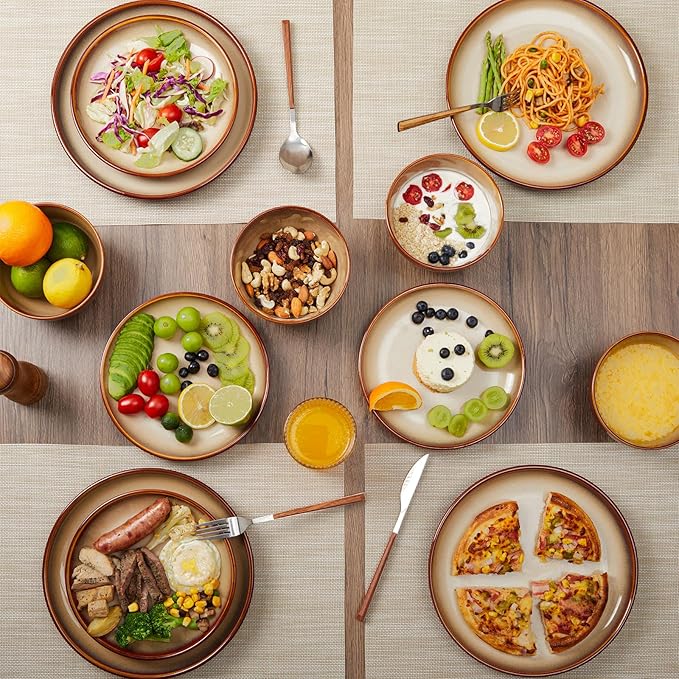 Pokini Stoneware Dinnerware Set Service for 4, 12 pcs Reactive Glaze Plates and Bowls Sets, Handmade Round Dishes Set, Highly Chip and Crack Resistant Modern Plate Set, Brown Yellow