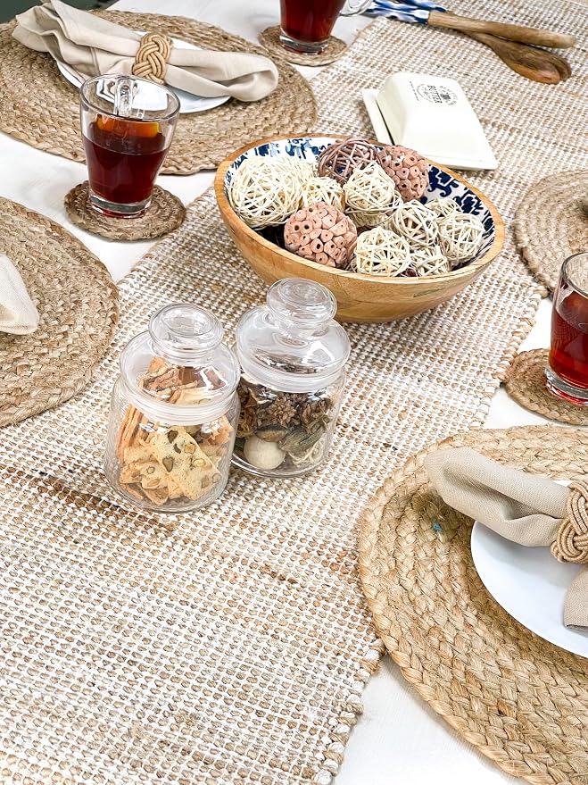 Chardin home Natural Jute Table Runner 13x90 Inch – Vintage Boho Rustic Table Decor – Handwoven Table Runner in Natural Jute and Ivory – Farmhouse Dining or Console Table Accent