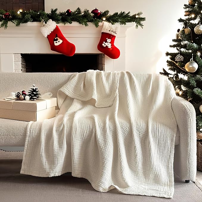 Simple&Opulence 100% Cotton Muslin Blanket Queen Size, Lightweight Breathable 4 Layering Gauze Blanket for Bed Couch Camping, Soft Bedspread Coverlet All-Season Use (Off White, 88" x 92")