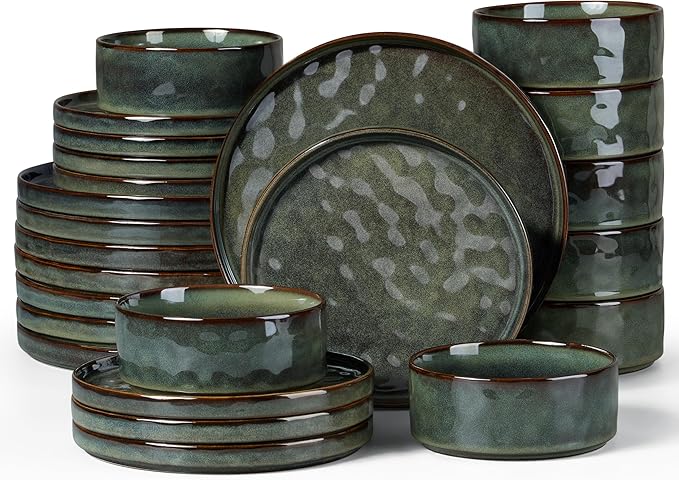 LIANYU Stoneware Dinnerware Dishes Sets for 8, 24 Piece Plates and Bowls Dishware Set, Ceramic Dinning Ware Includes Dinner Salad Plates, Cereal Bowls, Chip & Scratch Resistant,Moss Green