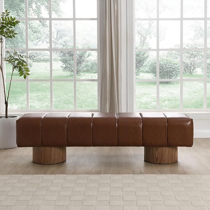 Christopher Knight Home Manila 64" Faux Leather Dining Bench, Upholstery Ottoman Bench, Rectangular Dining Seat, 2 Seater Allow, Long Footstool for Living Room Dining Room, No Assembly Needed, Brown