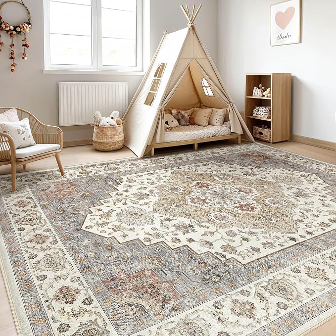 8x10 Area Rugs Living Room: Washable Boho Large Neutral Vintage Soft Rug Stain Resistant Farmhouse Non-Slip Indoor Floor Carpet for Bedroom Nursery Kids Playroom Office Dining Room- Orange Beige