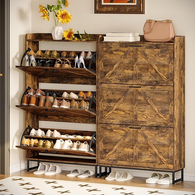 Wodeer Shoe Cabinet Storage for Entryway, Shoe Storage Cabinet with 3 Flip Drawers, Freestanding Narrow Shoe Rack Organizer with Metal Legs & Side Hook for Foyer, Hallway, Brown