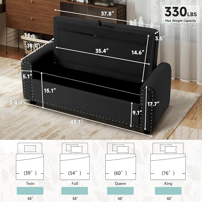 Ottoman with Storage, Tufted Storage Bench for Bedroom, 48" Fabrics End of Bed Bench, Upholstered Entryway Shoe Benches with Rolled Arm & Inner Zipper, Window Ottomans Chest with Rivets, Black