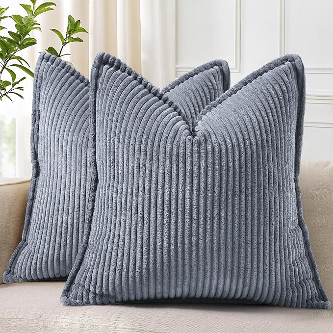 decorUhome Summer Corduroy Blue Grey Throw Pillow Covers 16x16 Set of 2 Decorative Soft Boho Farmhouse Couch Pillow Covers for Living Room Bed Sofa Broadside Striped Pillow Cases