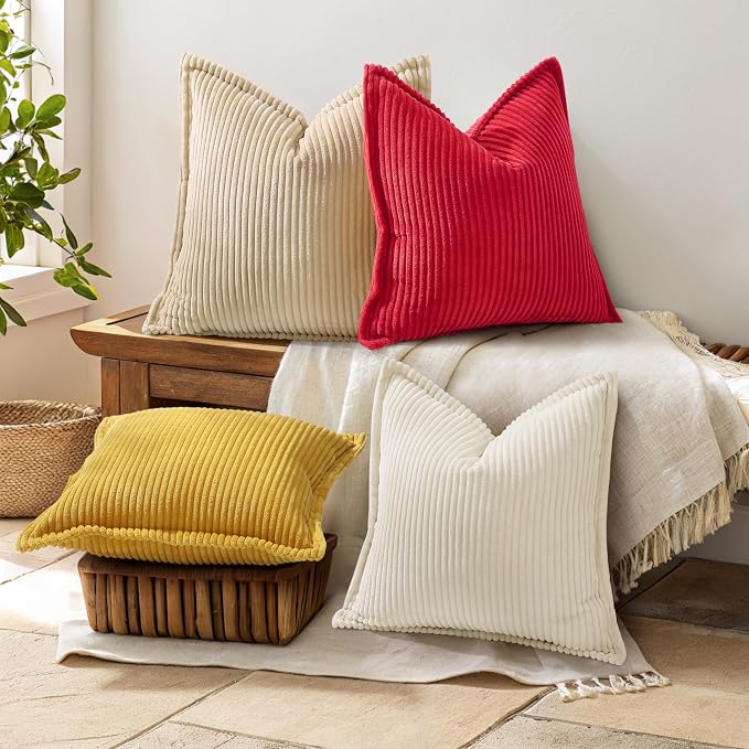 decorUhome Summer Corduroy Red Throw Pillow Covers 18x18 Set of 2 Decorative Soft Boho Farmhouse Couch Pillow Covers for Living Room Bed Sofa Broadside Striped Pillow Cases
