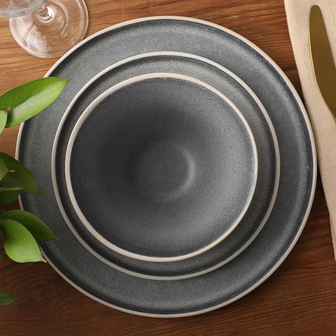 Gibson Elite Coastal Forest Plates and Bowls Sets, 12-Piece Stoneware Dinnerware Sets, Triple Reactive Glaze Dish Set - Grey and Cream White