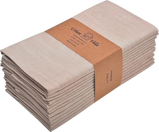 Urban Villa Cloth Napkins 100% Cotton Highly Absorbent Washable Durable Reusable Premium Dinner Napkins Ideal for Gifts for Mothers Day Hotel Farmhouse Parties - Beige/White (20" x 20", Set of 12)