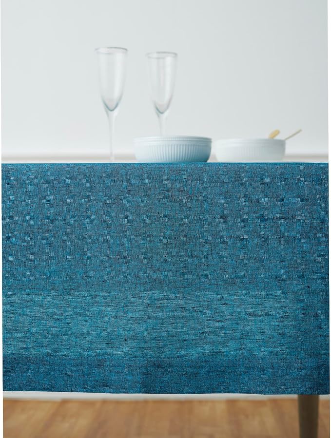 Solino Home Linen Tablecloth 60 x 144 Inch - 100% Pure Linen Chambray Teal Table Cloth for Rectangle Tables - Athena, Machine Washable Tablecloth for Summer