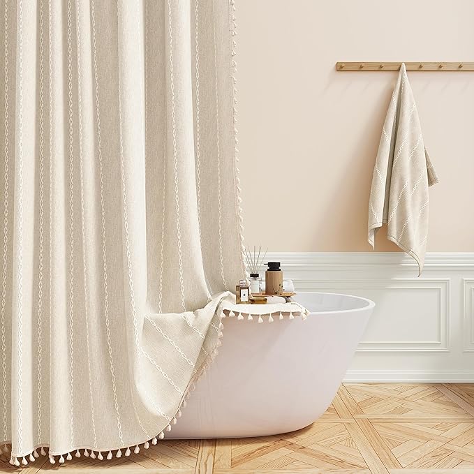 BTTN 80 Inch Long Shower Curtain - 72x80 Boho Farmhouse Linen Thick Striped Fabric Shower Curtain Set with Plastic Hooks, Tall Rustic Country Luxury Cloth Shower Curtains for Bathroom - Cream/Beige