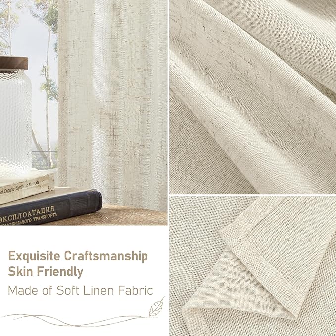 LAMIT Natural Linen Semi Sheer Curtains 80 Inch Length, Light Filtering Neutral Window Curtains Farmhouse Boho Back Tab and Rod Pocket Panels, Natural Cream Ivory, 2 Panels, 52 x 80 Inch