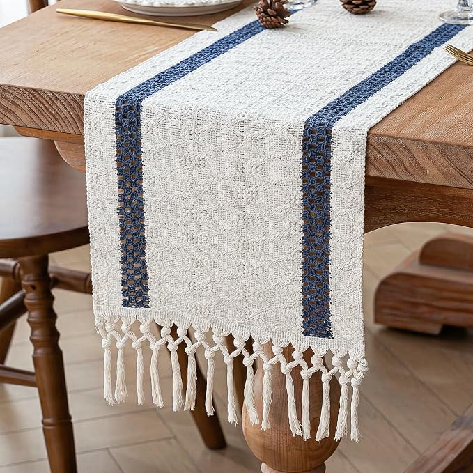FEXIA Boho Blue Table Runner for Easter Decor 72 Inches Long with Tassels Macrame Farmhouse Style Spring Party Rustic Wedding Baby Bridal Shower Dining Decor (12x72 Inches)