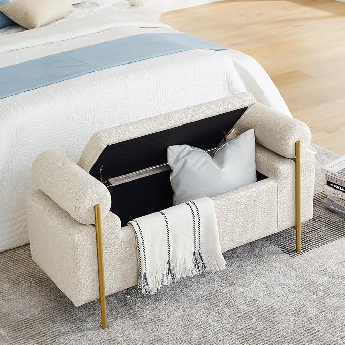 Storage Ottoman for Bedroom 44" with Safety Hinge, Upholstered Entryway Bench, Modern Linen Foot Rest with Arms,for Bedroom, Living Room, Entryway (Beige)