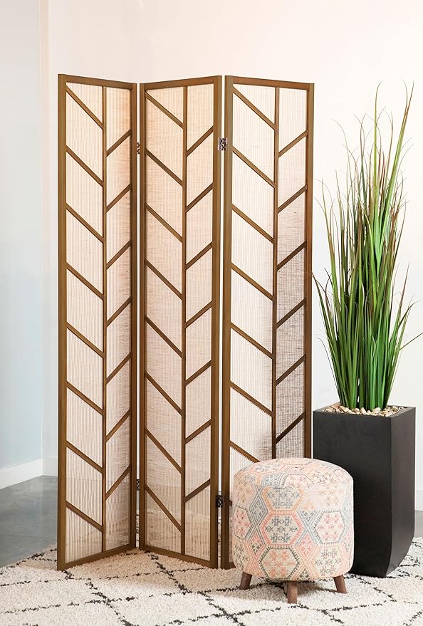 Coaster Home Furnishings - Mila - Pine Wood - 70-Inch 3-Panel Room Divider Folding Shoji Screen with Linen Fabric, Metal Hinges, and Contempandary Style - Living Room & Bedroom - Walnut - 962923