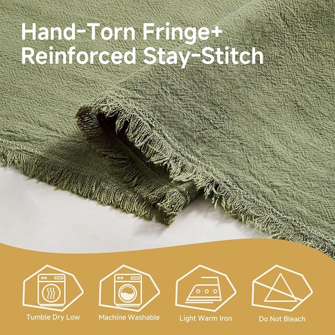 KINGSTONE 14 x 108 Inches Frayed Edge Table Runner, 270G Heavyweight Sand Washed Slub Texture Cotton Linen for Modern Farmhouse, Rustic Home Decorations Dining Room Wedding Boho Decor, Moss Green