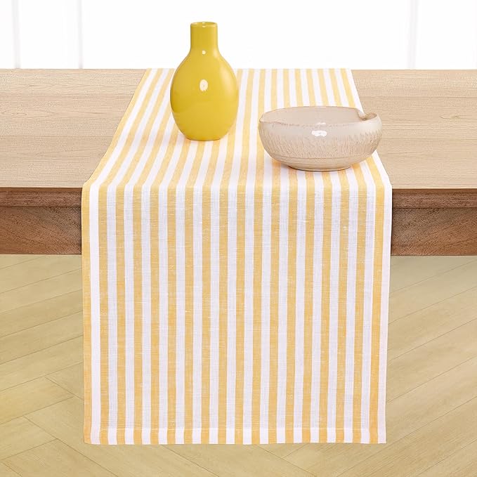 Solino Home Linen Table Runner 120 Inches Long - Amalfi Stripe, 100% Pure Linen Mustard and White Table Runner 14 x 120 Inch for Dining, Summer