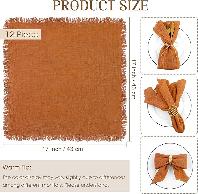 TURSTIN 12 Pieces Cotton Linen Cloth Napkin Handmade Cloth Napkin with Fringe 17 x 17 Inch Soft Dinner Wedding Napkins Square Rustic Fringe Table Napkins for Dinners, Parties, Weddings, Terracotta