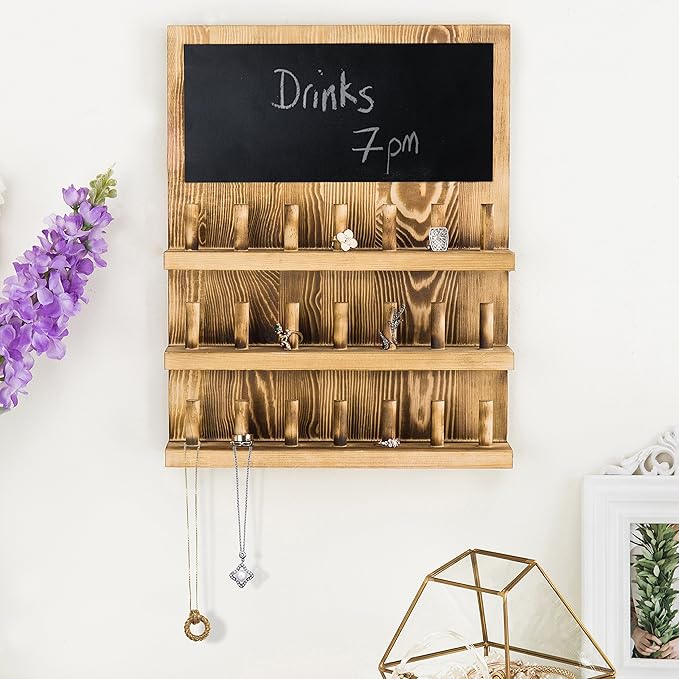 MyGift Wall Mounted Burnt Brown Solid Wood 21-Peg Sports Championship Ring Holder, 3 Tier Wooden Jewelry Organizer Display Shelf with Chalkboard Sign, Holds 21 Rings