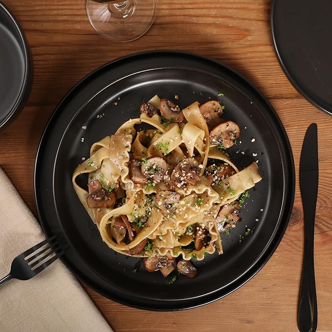 Gibson Elite Bayou Moon Plates and Bowls Sets, 16-Piece Black Matte Stoneware Dinnerware Sets, Solid Color Reactive Glaze Dish Set