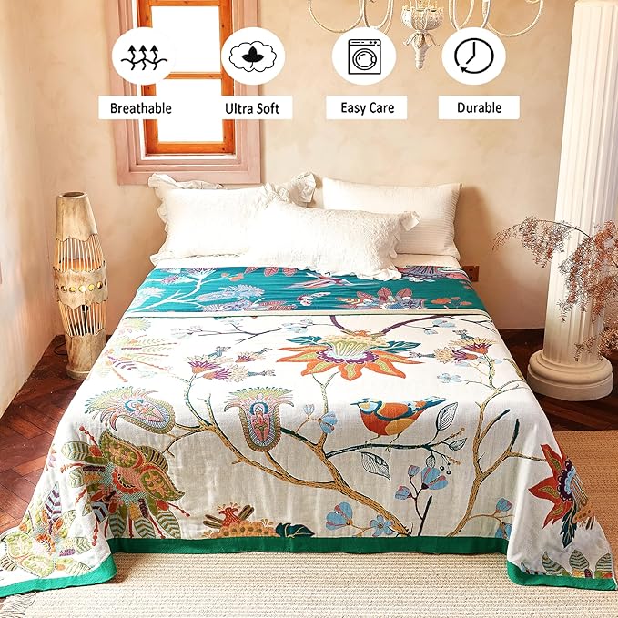 VANJOROY Boho Throw Blanket, 100% Organic Cotton Breathable Skin-Friendly Ultra Soft Bed Quilt Throw - All Season Floral Bird Farmhouse Décor Luxury Blanket for Sofa Couch Chair and Gift. 91" x 98"