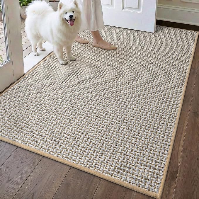 DEXI Ultra Thin Door Mat Indoor Entrance 32x48, Non Slip Rubber Backed Entryway Mats Dirt Trapper, Low Profile Front Doormat for Inside Entry, Patio, Porch, Beige and White