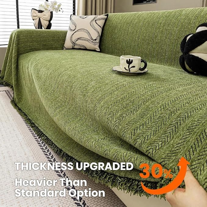 Chenille Couch Cover for Sofa Non Slip Cover Washable Pet Scratch Couch Covers Tassel Sofa Slipcover for 3 Cushion Couch Furniture Protector Blanket for Living Room,Yellow Green 71"x134"