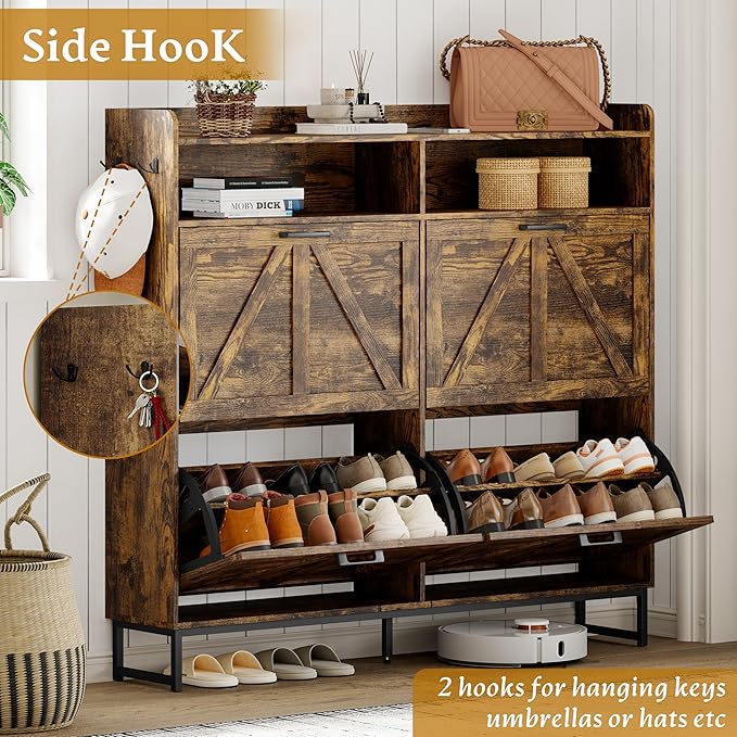 Wodeer Shoe Cabinet Storage for Entryway, Shoe Storage Cabinet with 4 Flip Drawers, Freestanding Narrow Shoe Rack Organizer with Metal Legs, Adjustable Shelves & Open Storage for Foyer, Hallway, Brown