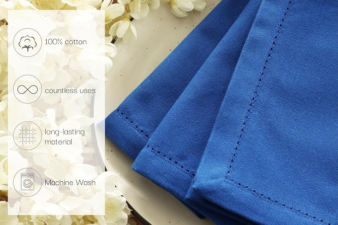 PurpleEssences Set of 12 Hemstitch Cloth Dinner Napkins 100% Cotton - Soft Durable Washable - Ideal for Wedding Spring Easter Summer - Perfect Everyday Use Table Linen 18x18 - Royal Blue