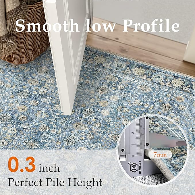 HUGEAR 6x9 Machine Washable Rugs Light Blue Hallway Large Area Rug Indoor Accent Rug Floral Low Pile Carpet Soft Throw Aesthetic Rug Bedroom Living Room Office Dining Room Kitchen Laundry Room