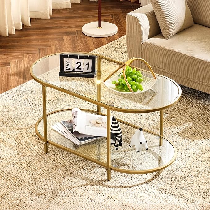 VINGLI 38" Oval Coffee Table, Transparent Glass Coffee Tables for Living, Modern Coffe Table with 2-Tier Storage, Tea Table for Small Space, Office, Balcony, Matte Gold