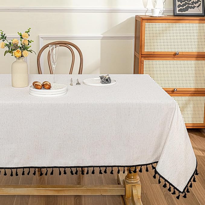 MYSKY HOME Table Cloth 60x84 in Rectangle Table, Cotton Tassel Linen Look Waterproof Tablecloths Farmhouse Tablecloth, Wrinkle Free Table Cover with Black Tassels for Kitchen Dining, Party