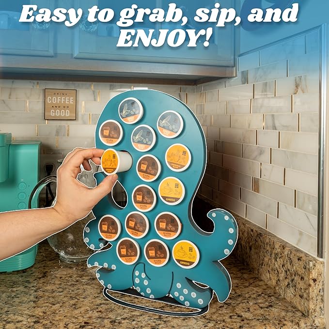 Made Easy Kit Front Facing Countertop Coffee Pods Holder - Compatible with K-Cups Practical meets Whimsical - Coffee Bar Decor for Home Café Kitchen Nook (Blue Octopus)