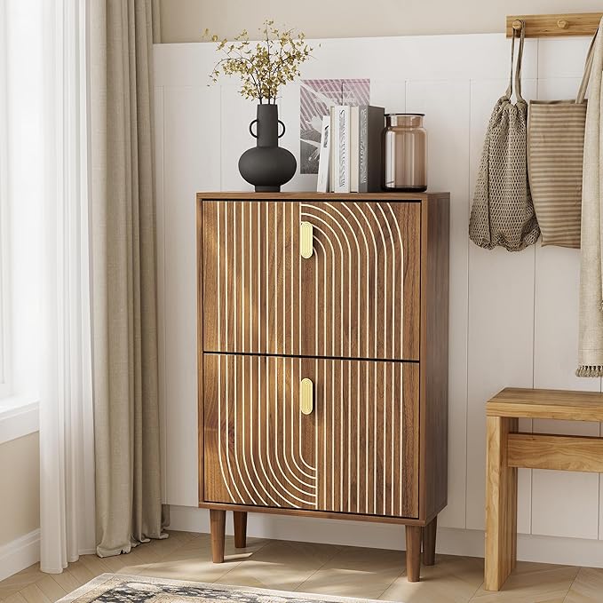 Shoe Storage Cabinet with 2 Flip Drawers, 23.6"(W) Freestanding Shoe Organizer with Metal Handles for Entryway, Narrow Shoe Rack Cabinet