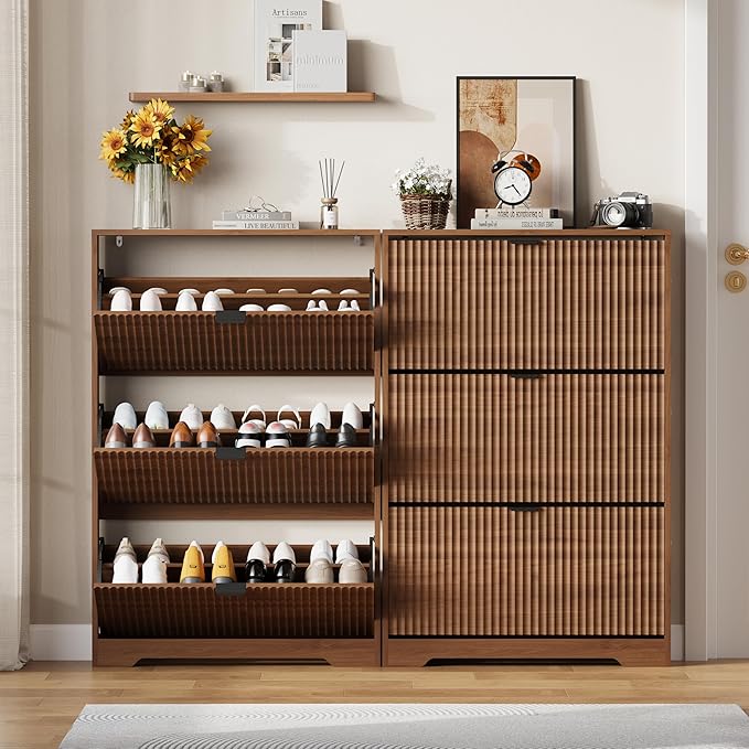 Shoe Cabinet Storage for Entryway with 3 Flip Drawers, Walnut Fluted Shoe Cabinet with Adjustable Shelves, Wooden Hidden Shoe Rack Freestanding Narrow Slim Shoes Storage for Hallway, Entrance