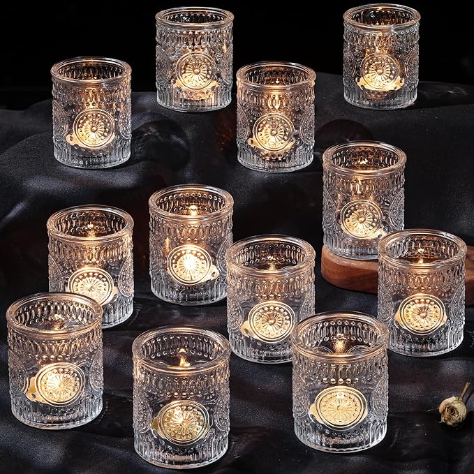 DARJEN 12PCS Clear Votive Candle Holders - Glass Candle Holder for Tea Light Candle, Embossed Tealight Candle Holder for Wedding Centerpiece, Living Room & Home Table Decor