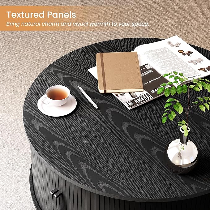 COSIEST Round Coffee Table with Storage, 31.5" Modern Black Coffee Table with 360° Sliding Door, Fluted Wood Accent Center Table with Adjustable Footpads for Living Room