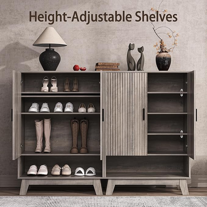 4-Tier Fluted Shoe Cabinet with 2 Doors & Open Shelf, Mid Century Modern Shoe Storage Organizer with Adjustable Shelves, Metal Handles & Wood Legs, Hidden Shoe Rack for Entryway, Hallway