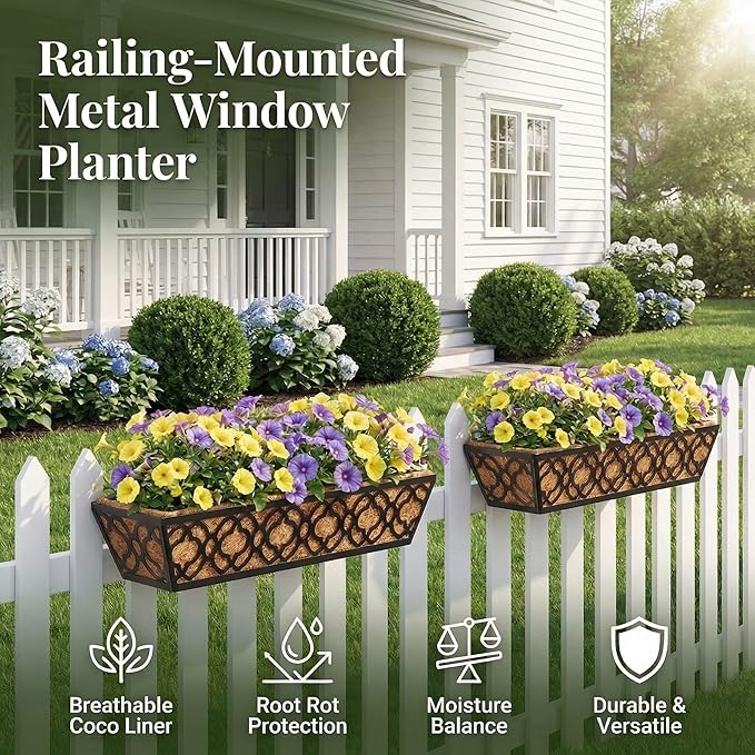 24 Inch Railing Planter Box with Coco Liner, Adjustable Metal Hanging Planter, Window Box for Balcony Deck Fence, Outdoor Flower Box Black, 2 Pack