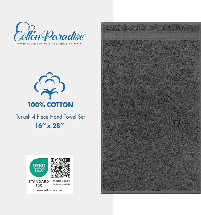 Cotton Paradise 100% Cotton Turkish Towel Set, Soft Absorbent Quick Dry, 4 Piece Hand Towel Set, Dark Gray