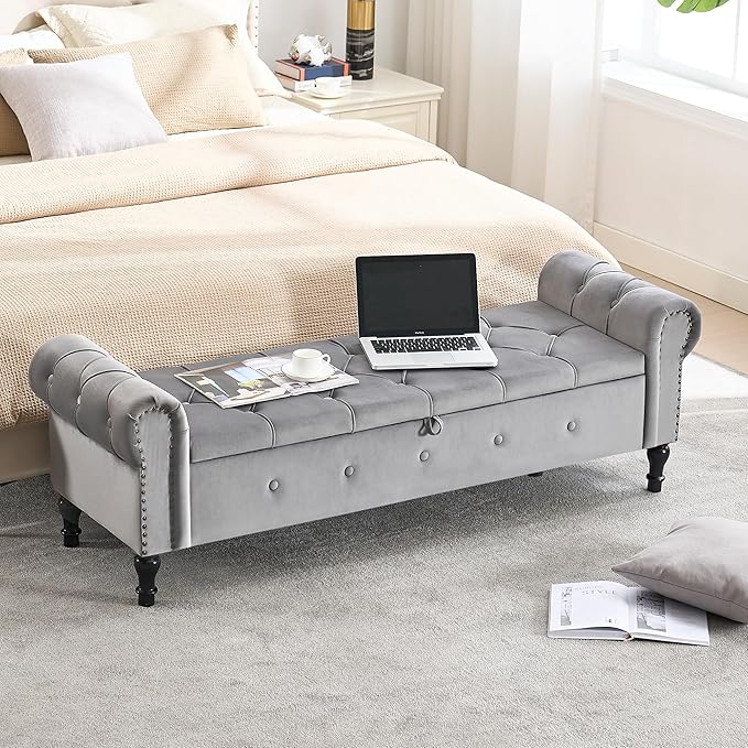 Storage Bench for Bedroom, Velvet 67" End of Bed Bench, King Size Benches with Rolled Arms, Tufted Button Storage Ottoman Bench, Upholstered Bench for Bedroom, Living Room, Entryway, Grey